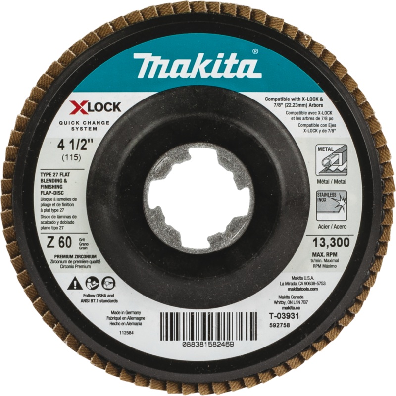 Makita T-03931 XLOCK 41/2" 60 Grit Type 27 Flat Blending and Finishing Flap Disc for XLOCK and All 7/8" Arbor Grinders