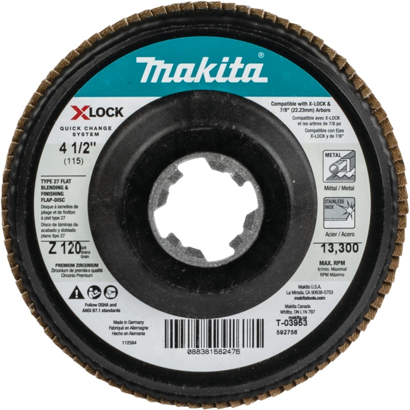 Makita T-03953 XLOCK 41/2" 120 Grit Type 27 Flat Blending and Finishing Flap Disc for XLOCK and All 7/8" Arbor Grinders