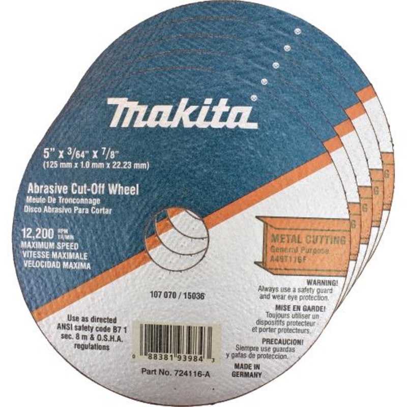Makita 724116-A-25 5" x 7/8" x 3/64" Super Thin Cutoff Wheel, Metal, 25/pk