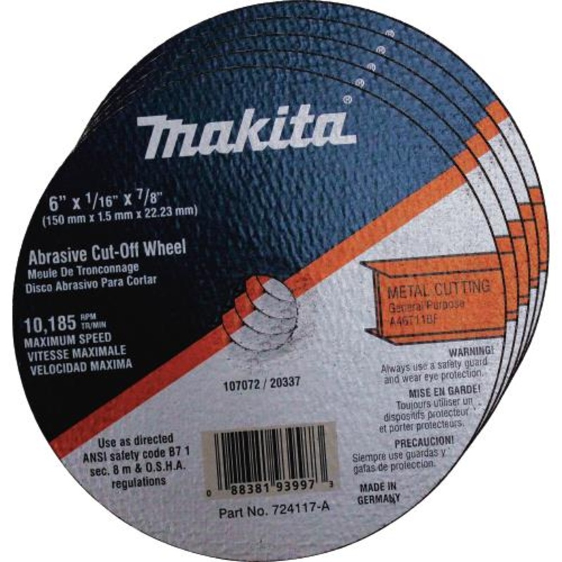 Makita 724117-A-25 6" x 7/8" x 1/16" Super Thin Cutoff Wheel, Metal, 25/pk