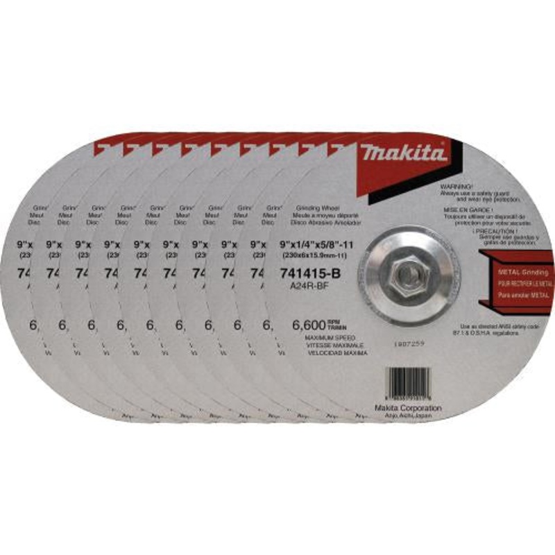 Makita 741415-B-10 9" x 5/8"11 x 1/4" Hubbed Grinding Wheel, 24 Grit, 10/pk