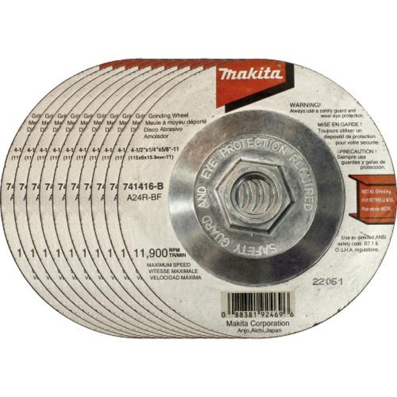 Makita 741416-B-10 41/2" x 1/4" x 5/8"11 Hubbed Grinding Wheel, 24 Grit, 10/pk