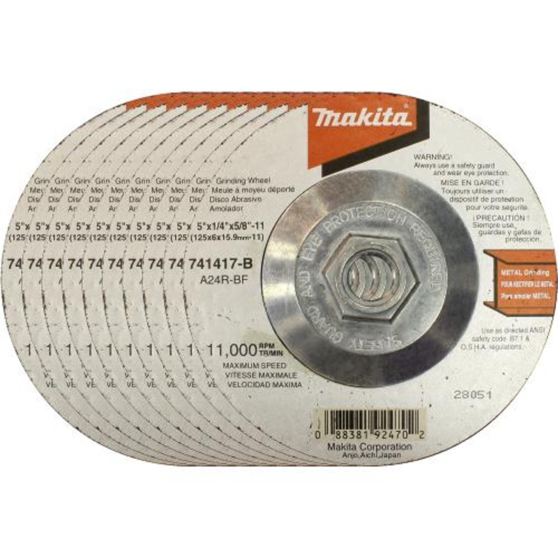 Makita 741417-B-10 5" x 1/4" x 5/8"11 Hubbed Grinding Wheel, 24 Grit, 10/pk