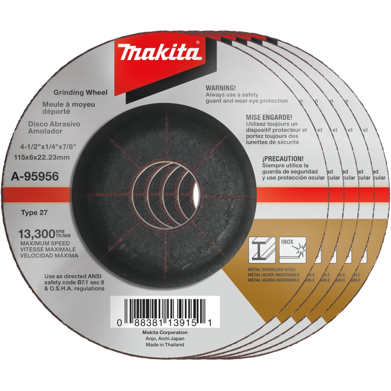 Makita A-95956-5 41/2" x 1/4" x 7/8" INOX Grinding Wheel, 36 Grit, 5/pk