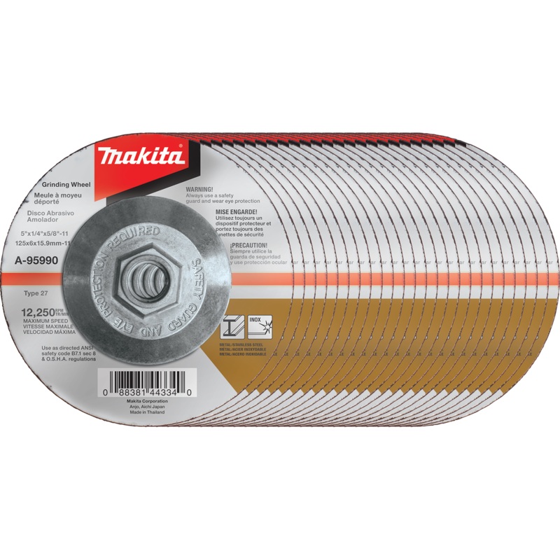 Makita A-95990-25 5" x 1/4" x 5/811" Hubbed INOX Grinding Wheel, 36 Grit, 25/pk