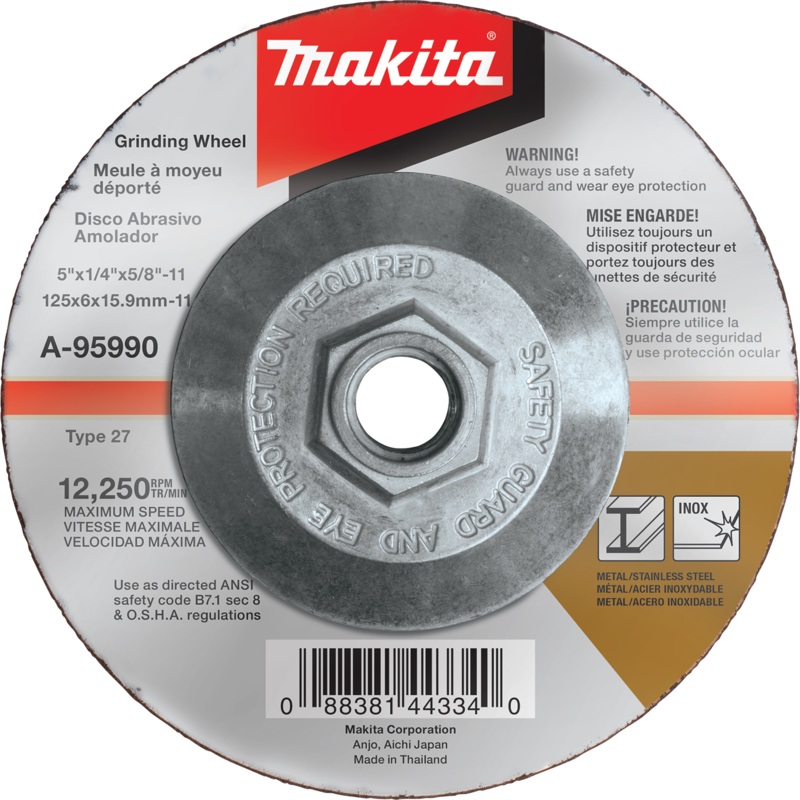 Makita A-95990 5" x 1/4" x 5/811" Hubbed INOX Grinding Wheel, 36 Grit