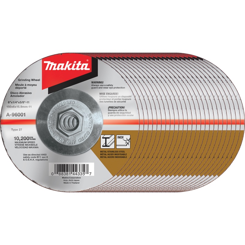 Makita A-96001-25 6" x 1/4" x 5/811" Hubbed INOX Grinding Wheel, 36 Grit, 25/pk