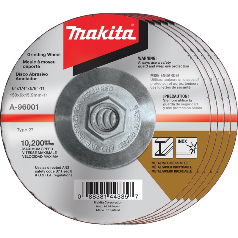 Makita A-96001-5 6" x 1/4" x 5/811" Hubbed INOX Grinding Wheel, 36 Grit, 5/pk
