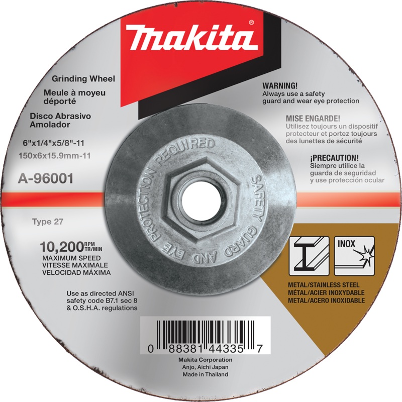 Makita A-96001 6" x 1/4" x 5/811" Hubbed INOX Grinding Wheel, 36 Grit