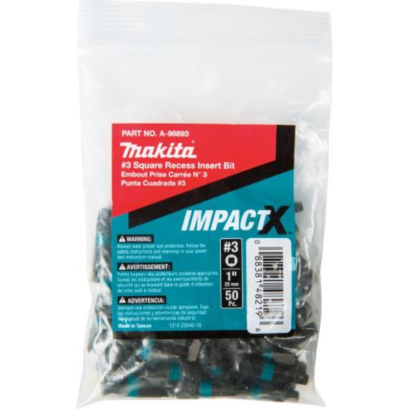 Makita A-98893 ImpactX #3 Square Recess 1 Insert Bit, 50/pk, Bulk