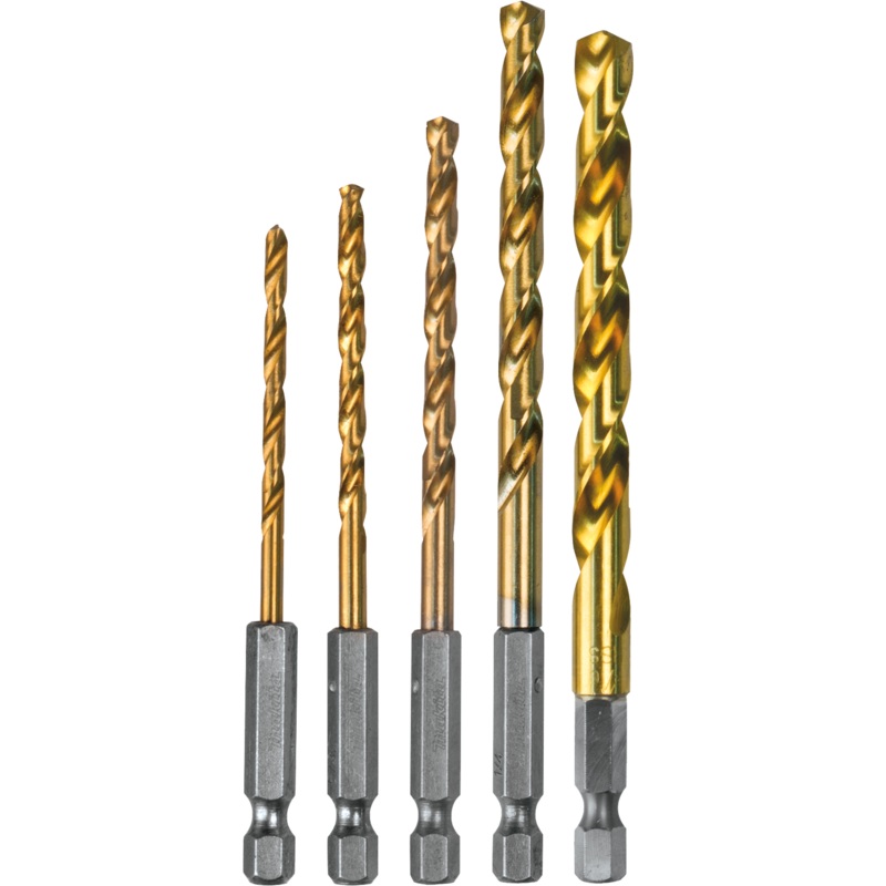 Makita D-35318 5 Pc. Titanium Coated Drill Bit Set, 1/4" Hex Shank