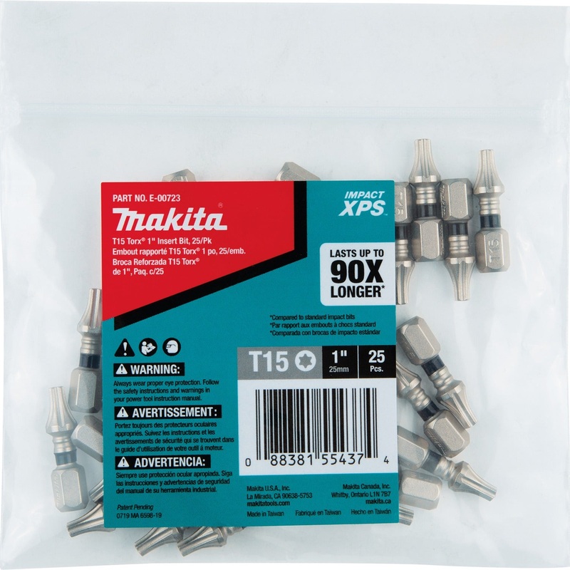 Makita E-00723 Impact XPS T15 Torx 1" Insert Bit, 25/pk, Bulk