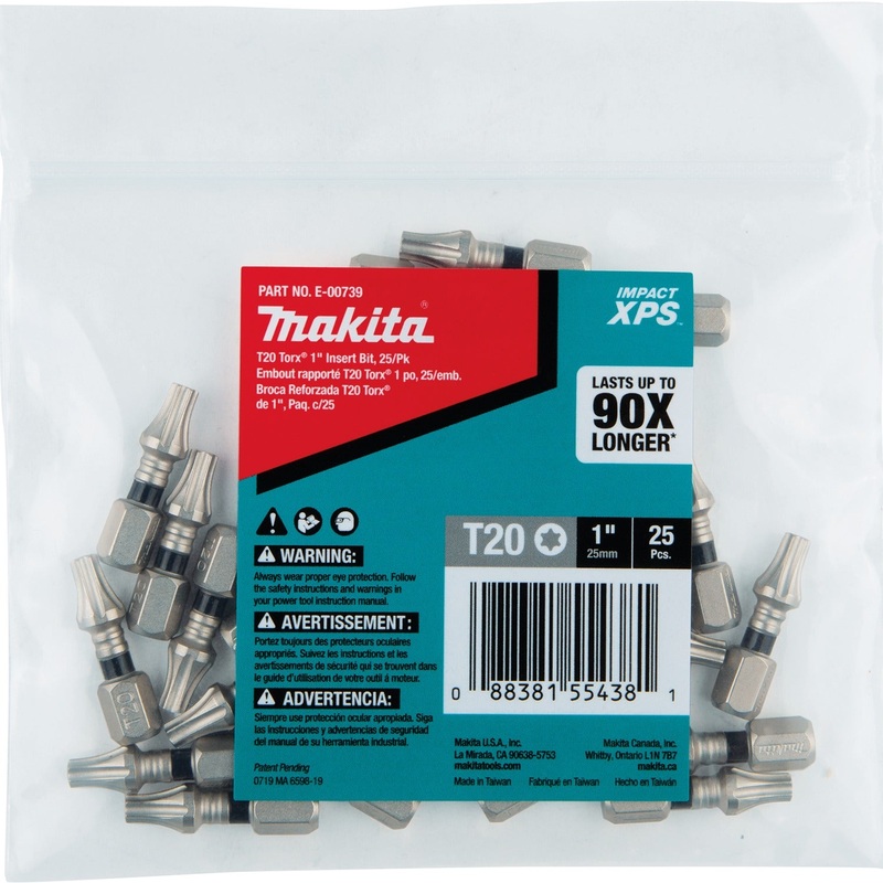 Makita E-00739 Impact XPS T20 Torx 1" Insert Bit, 25/pk, Bulk