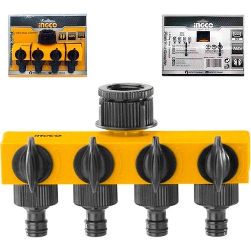Ingco HHC1402 4-Way Plastic Hose Connector with Shut-off and Swivel Nut 1"-3/4" Reducer