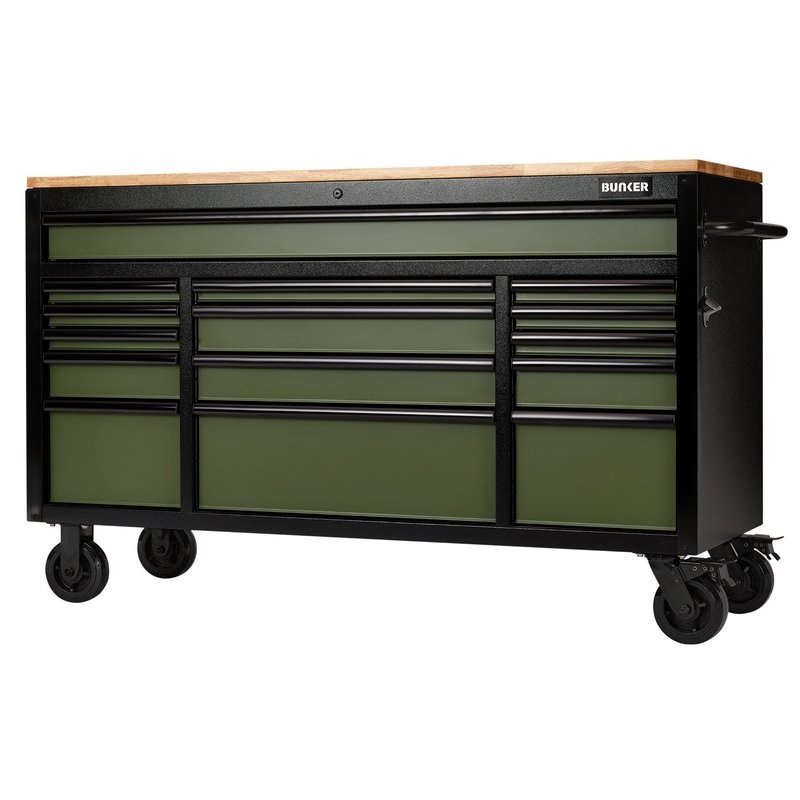 Draper 10368 Bunker 15 Drawer Workbench Roller Tool Cabinet, 61", Green