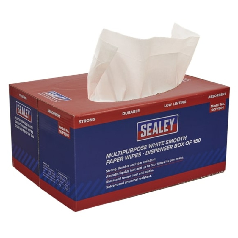 Sealey SCP150 SEALEY Paper Wipes in Polyflute Dispenser Box - Smooth White 75gsm 150 Sheets