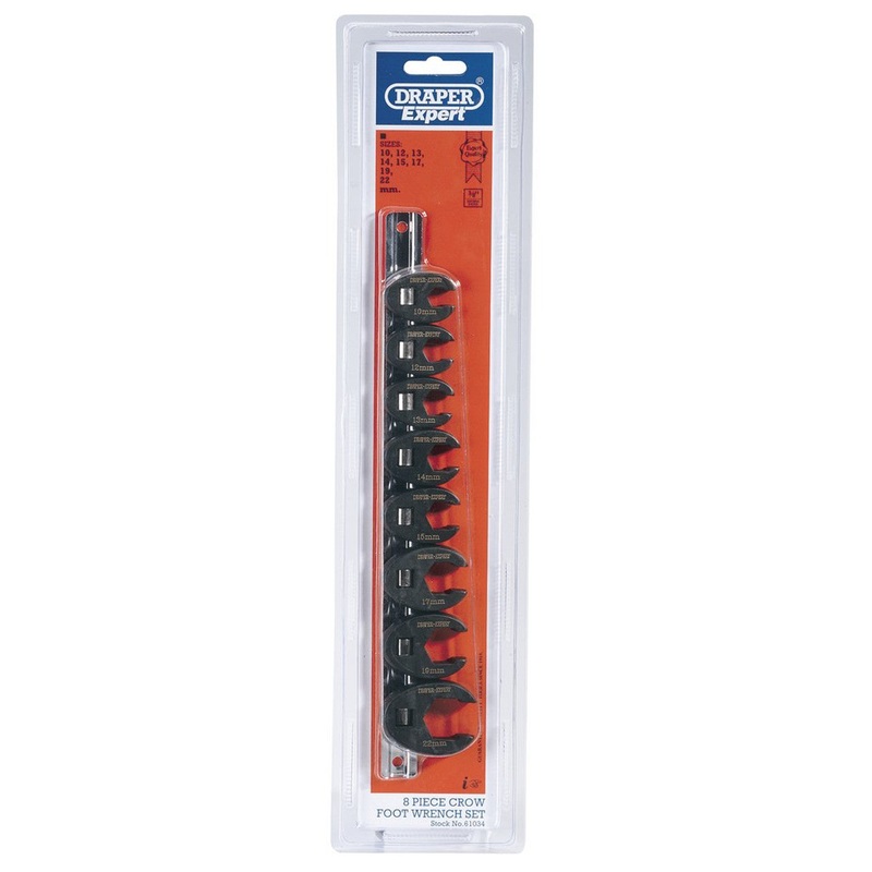 Draper 61034 Metric Crow Foot Spanner Set on a Metal Rail, 3/8" Sq. Dr. (8 Piece)