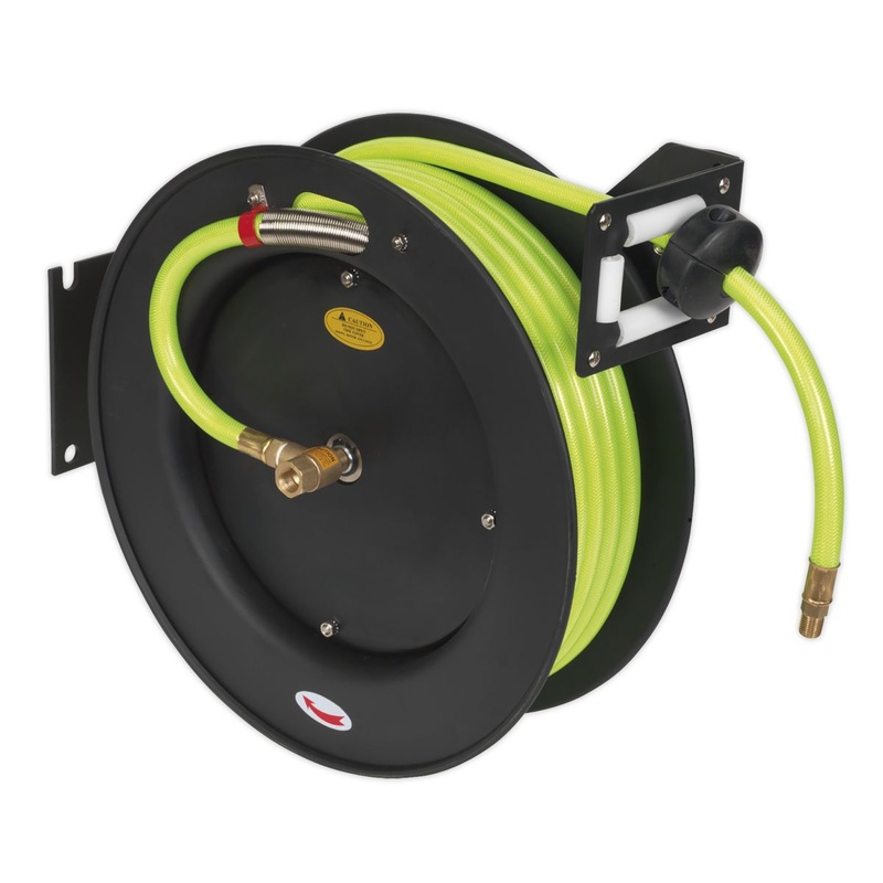Sealey SA841HV Retractable Air Hose Metal Reel 15m, 10mm ID High Visibility TPR Hose