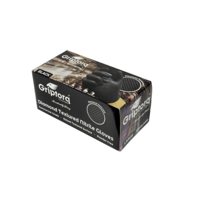 Griptorq Z049-00009 Nitrile Diamond Grip Gloves Black - Size 9L, Box of 100