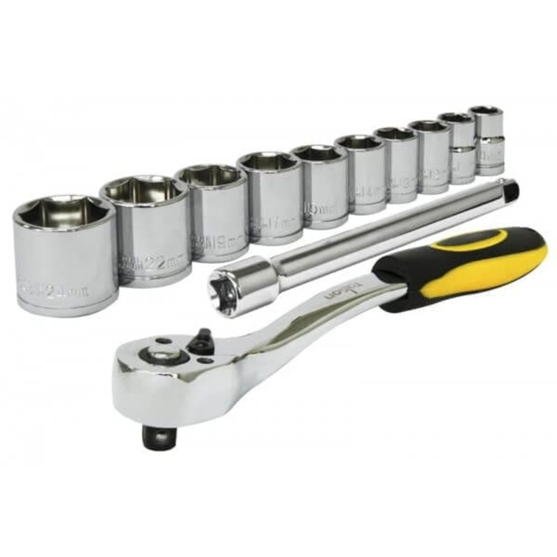 3/8" Ratchet Handle & Sockets 12pcs Set - Size: 10-24mm