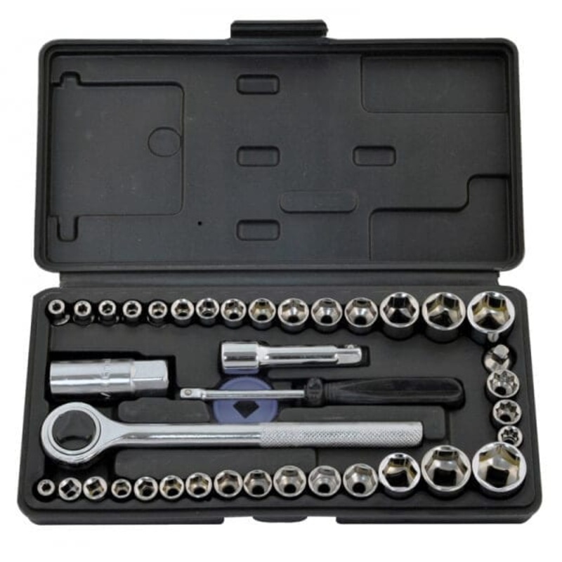 40 Piece socket set 36109 with reversible 1/4 or 3/8inch ratchet drive handle - extension bar and assorted sockets in both Metric and Imperial sizes