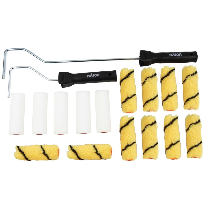 100mm (4 inch) Paint Roller & Brush Set 61123: 17pc inc long arm & mini frames with multiple foam roller sleeves