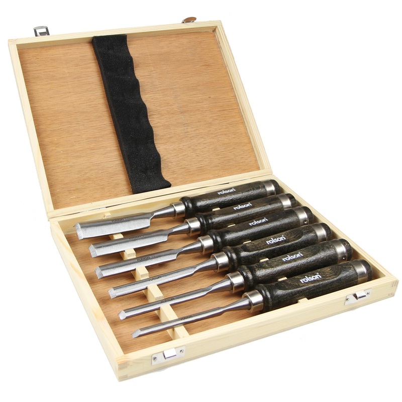 Carving Chisel 6 piece Set 56120 with walnut handle and case