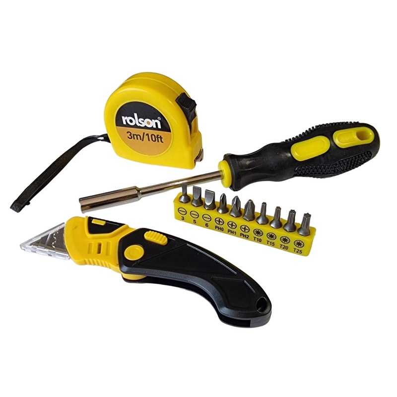 Household Tool Kit 36794: 13 pieces including 10 bit 200mm screwdriver, utility knife and 3m tape measure