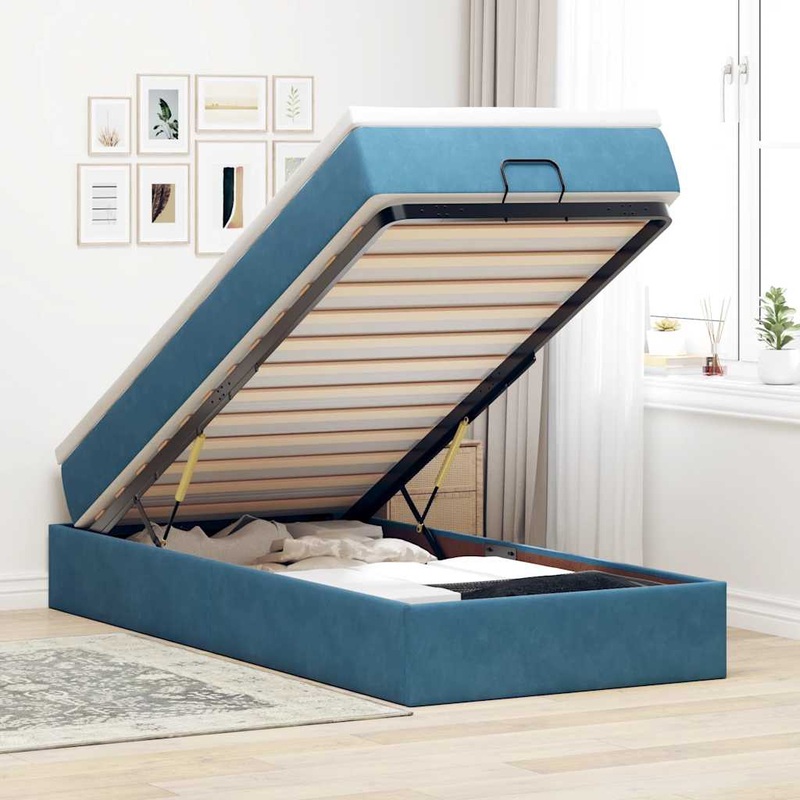 Cadre de lit ottoman avec matelas bleu fonc 90x200 cm velours
