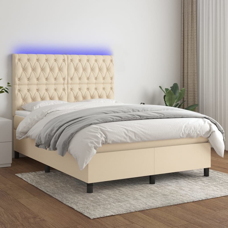 Sommier  lattes de lit et matelas et LED Crme 140x200cm Tissu
